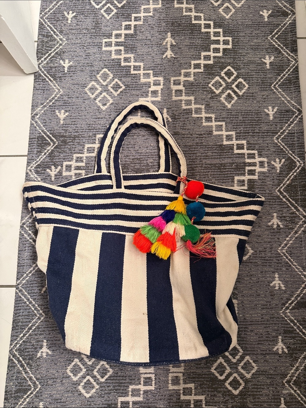 Jade Tribe Valerie Organic Cotton Canvas Blue White Stripe Tassel Tote Bag Purse